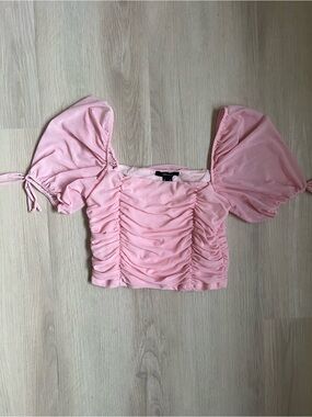 Forever 21 Babydoll Pink Ruched Puff-Sleeve Crop Top Coquette Girl